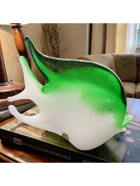 Murano Art Glass Green White Fish Figurine 5.5" Tall Made In Italy Vintage